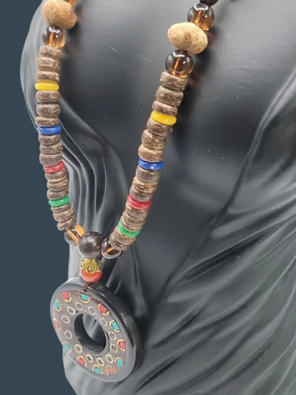 Unisex Nepal Buddhist Mala Wood Bead Pendant Necklace 30